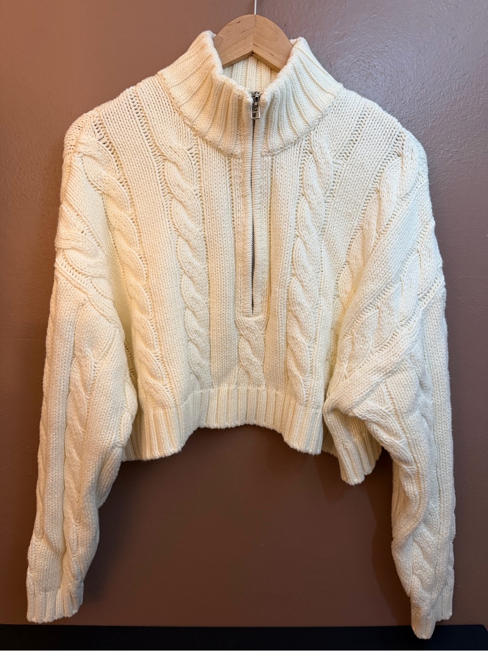 STAUD Women’s Ivory Cable-Knit 1/4 Zip Mock Neck Pullover Sweater M - Picture 7 of 11